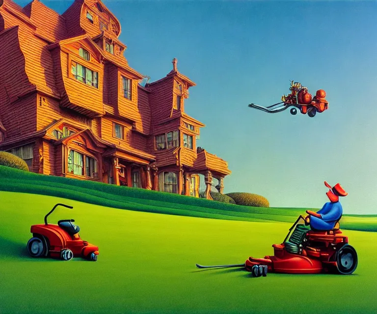 Image similar to hyper detailed 3d render like a Oil painting - a cartoon mouse riding a lawnmower across a golf course at dawn, by Jacek Yerka, Mariusz Lewandowski, Houdini algorithmic generative render, Abstract brush strokes, Masterpiece, Edward Hopper and James Gilleard, Zdzislaw Beksinski, Mark Ryden, Wolfgang Lettl, hints of Yayoi Kasuma, octane render, 8k