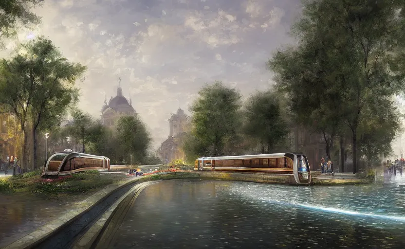 Prompt: An urban train rides inside of a waterway on a fantasy city, next to a fountain and a mystical palace. By Konstantin Razumov, Fractal flame, chiaroscuro, highly detailded