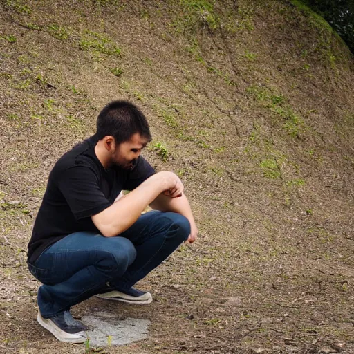 Prompt: man crouching down, very wide angle, low angle