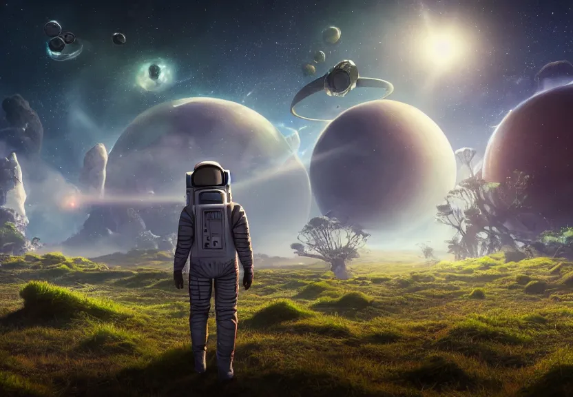 Image similar to a astronaut walking on a alien planet with alien plants and animals and a giant galaxy appearing in the sky, digital art, anime style, 8K HDR, octane render, unreal engine 5, path tracing, breathtaking landscape, cinematic lighting, trending on Artstation, high quality, highly detailed, trending on DeviantArt, concept art