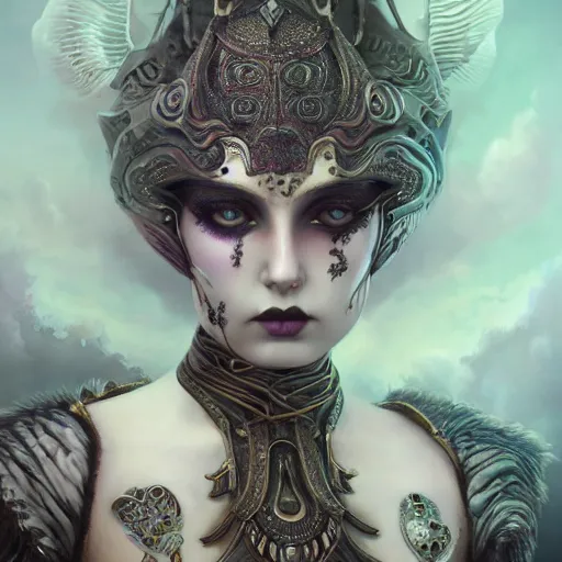 Image similar to tom bagshaw, soft painting fractal curiosities carnival, very beautiful female mutation tigress in full nightshade gothic armor, accurate features, focus, very intricate ultrafine details, black white purple volumetric clouds, award winning masterpiece, octane render 8 k hd