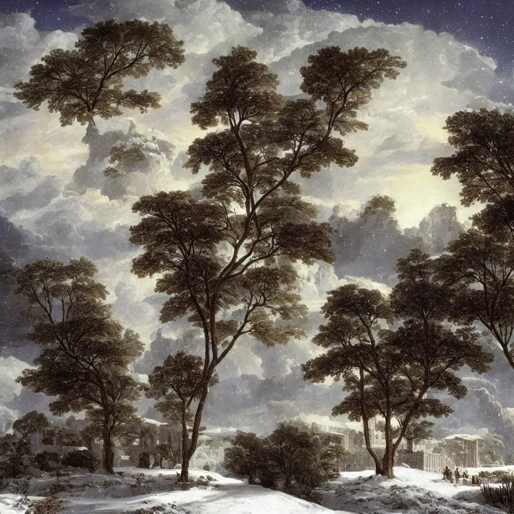 Prompt: a xanadu, heavenward computer game of a snowy landscape with trees and a building by nassos daphnis, featured on tumblr, neoclassicism, vaporwave, outrun, y 2 k aesthetic