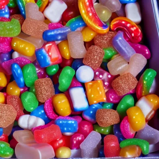 Prompt: a box full of candies and gummies