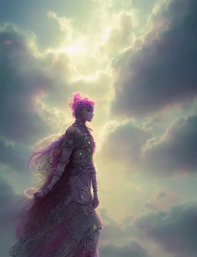 Image similar to techno - embroidered human decorated with filigree and beads walks in the clouds, safe for work, vivid pastel color scheme, by award - winning concept artist, dynamic composition, backlighting, radiant light