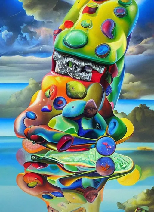 Image similar to an extremely high quality hd surrealism painting of a 3d gummybeary galactic neon complimentary colored cartoon surrealism melting lamborghini by kandsky and salvia dali the fourth, salvador dali\'s much much much much more talented painter cousin, 4k, ultra realistic, super realistic, so realistic that it changes your life