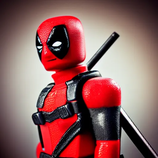 Image similar to deadpool as lego character, bokeh, photo, hyperrealistic, detailed textures and soft studio lighting, soft shadows, sharp focus, extreme detail, hyper realistic, award winning photo