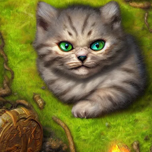 Prompt: rescue from the underworld, shadows of the past, chubby moss kitten, by jeff easley and Dylan Kowalski, highly detailed, digital painting, HDRI, by vivid colors, high contrast, 8k resolution, intricate, photorealistic, smooth