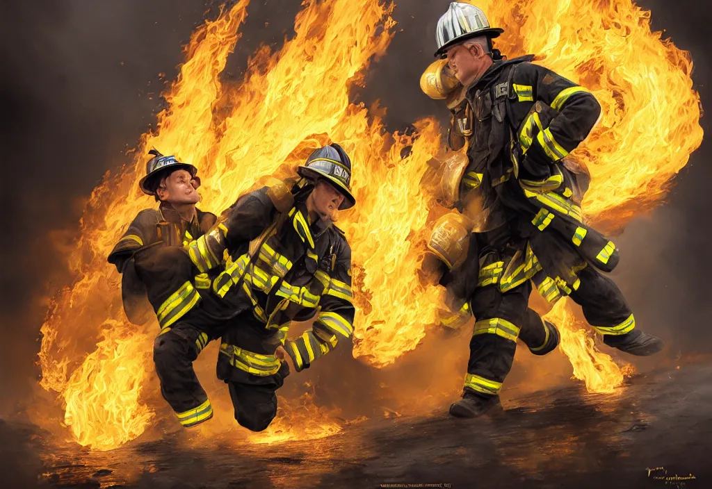 Image similar to one heroic firefighter in action in black and yellow uniform, fire flames, sharp details, highly detailed, beautiful cinematic light deep focus, elegant, digital painting, smooth, sharp focus, golden ratio, dramatic illumination, ultra realistic, 8 k, illustration, by yerbol bulentayev and murat gul and pablo olivera and greg rutkowski, bloom, dramatic lighting