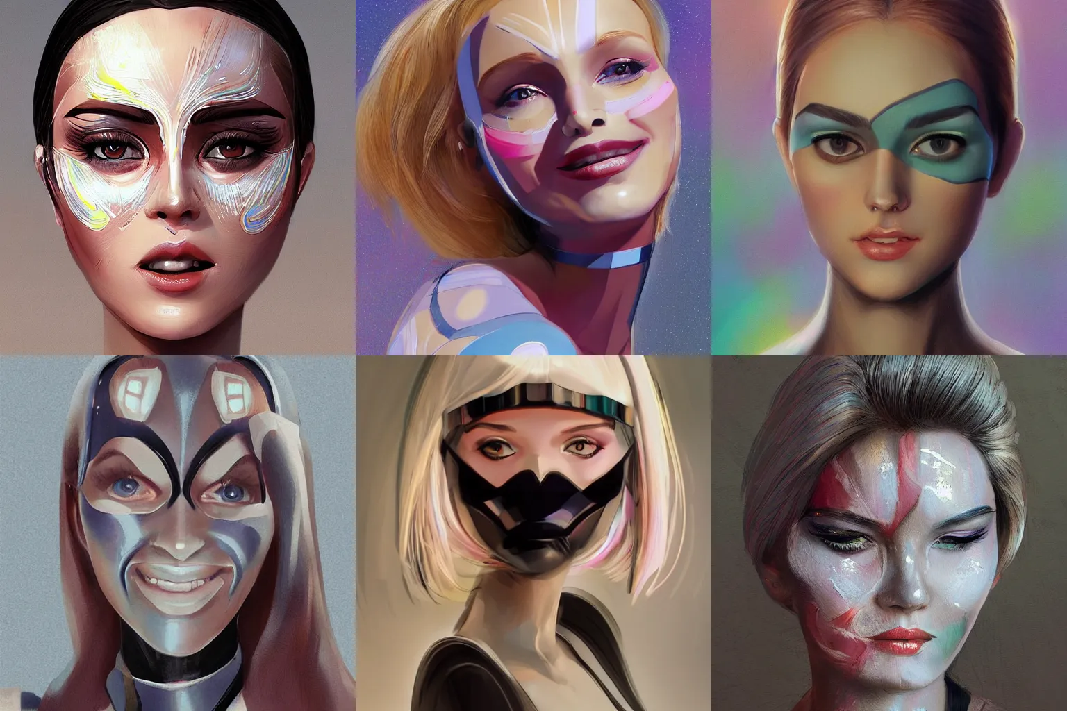 Image similar to android robot woman face painting, looking straight to camera, muted colors, matte print, pastel colors, ornate, digital art, cute smile, winning artwork, digital painting, professional art, elegant, by Ilya Kuvshinov, by artgerm