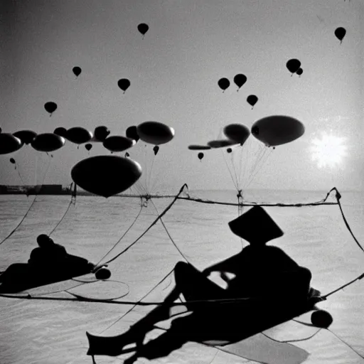 Prompt: basking in the first sun - rays were huge floating balloons a defence umbrella against enemy air - raids on port - installations, 1 9 6 0 photo