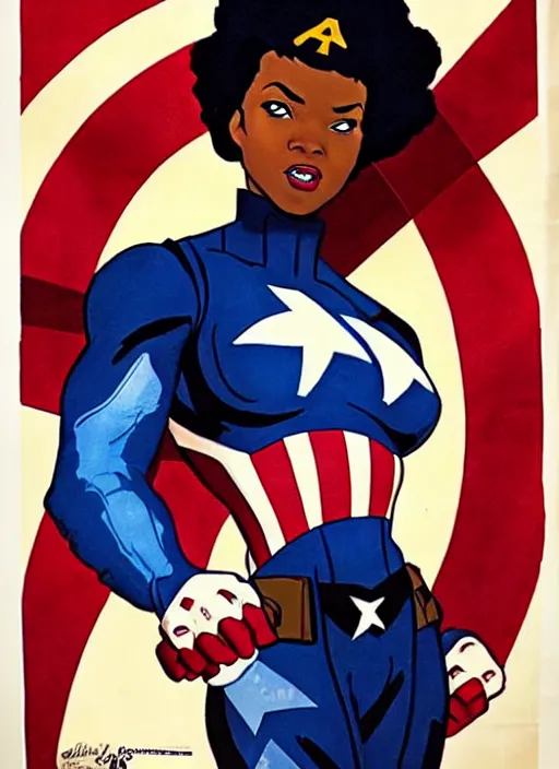 Image similar to beautiful black female captain america. afro - feminist captain america wins wwii. american wwii propaganda poster by james gurney, rob liefeld and pixar. gorgeous face. overwatch, realistic. black power