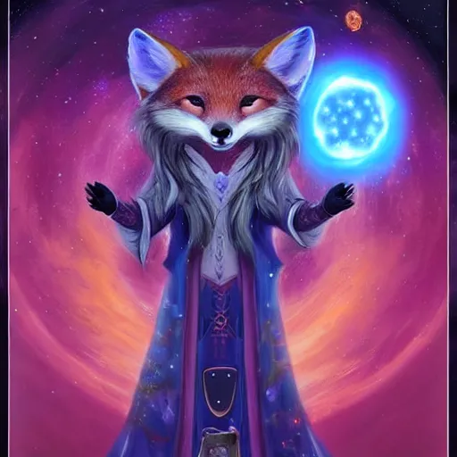 Image similar to a painted avatar portrait of an awesome cosmic powerful anthropomorphic kitsune fox mage themed around death and the stars and the cosmos, in the style of dnd beyond avatar portraits, beautiful, artistic, elegant, lens flare, magical, lens flare, nature, realism, stylized, art by jeff easley