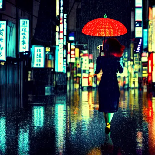 Image similar to a woman holding an umbrella, walking down the streets of tokyo, with neon signs, while it's raining. cinematic lighting, digital art. award winning.