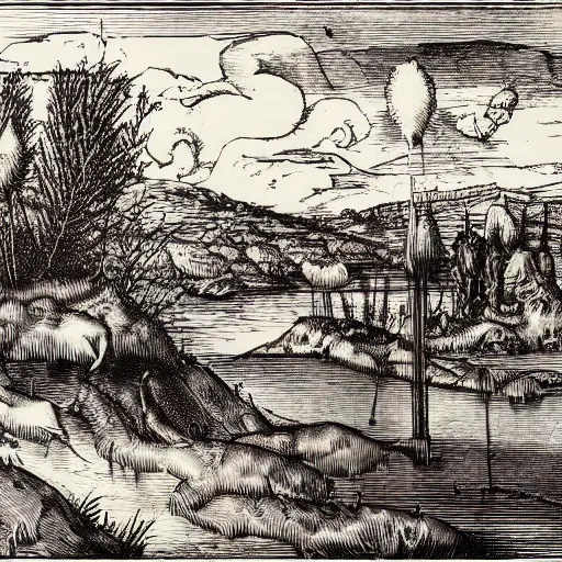 Image similar to albrecht durer engraving of a new england marsh