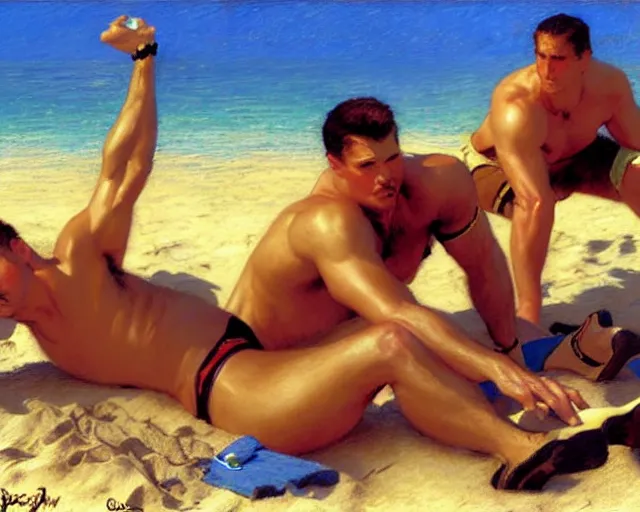 Image similar to top gun beach volleyball scene, cool colors, hard angles, painting by gaston bussiere, craig mullins, j. c. leyendecker, tom of finland