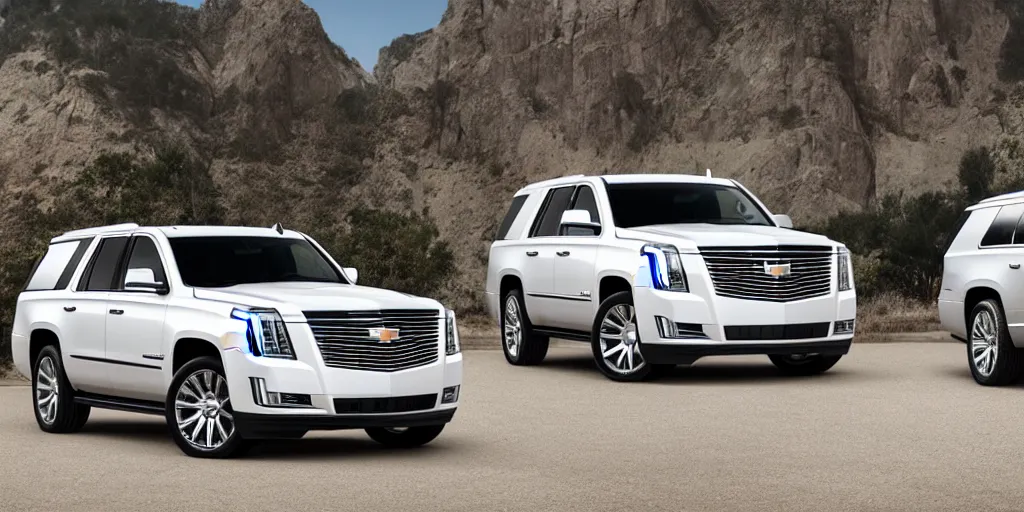 Prompt: A photo of a white SUV based on a Cadillac Escalade and Chevrolet Tahoe, high angle