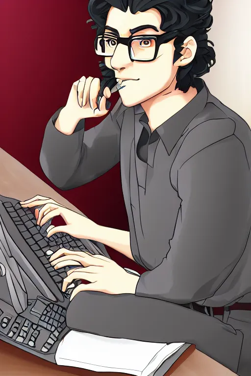 Prompt: cel shaded anime portrait of an Italian man who is working at a computer, dark wavy hair, stubble, glasses, drinking coffee