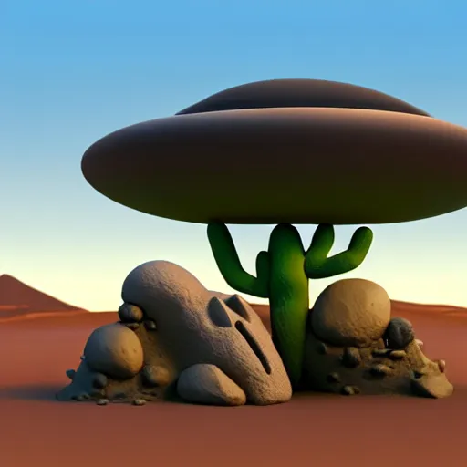 Prompt: crashed burning UFO flying saucer with a sad Roswell grey alien trying to repair his crashed burning spacecraft in the desert, crashed UFO, crashed Flying Saucer, cactus and rocks in the background, dusk, featured on zbrush central, hurufiyya, zbrush, polycount, airbrush art