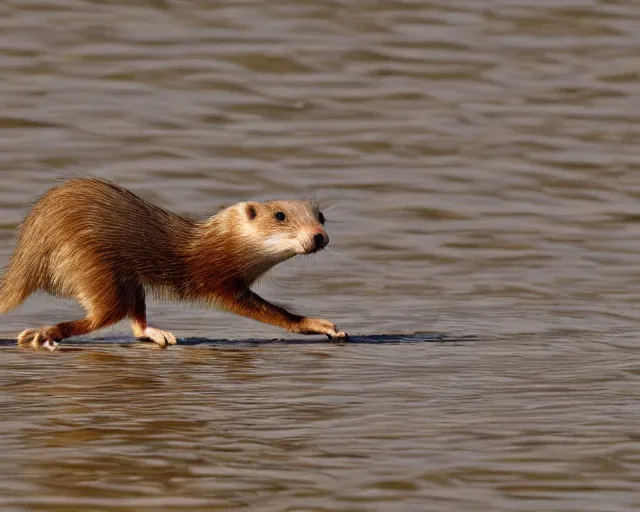 Image similar to 4 k hd, high resolution photograph of weasel surfing, shot with sigma f / 4. 2, 2 5 0 mm sharp lens, wide shot, high level texture render