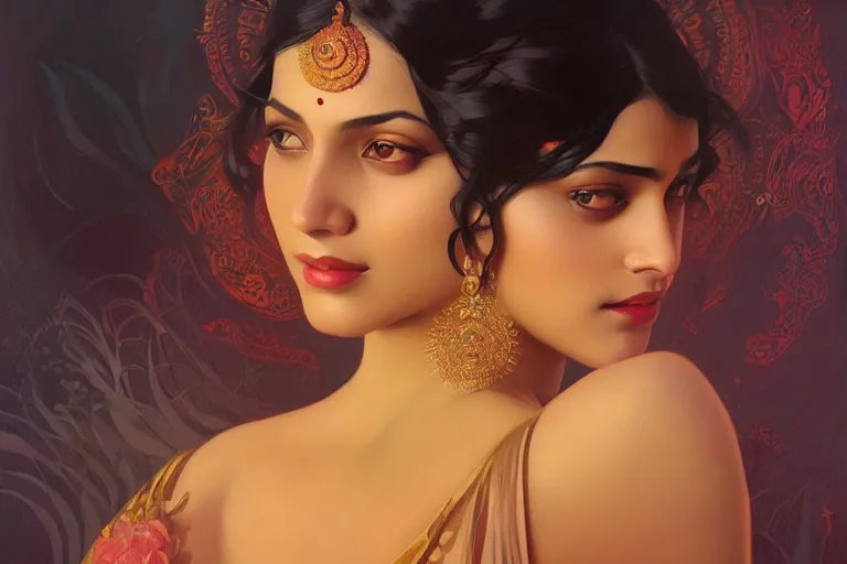 Image similar to sensual pale beautiful bengali girl, art deco portrait, elegant, intricate, digital painting, artstation, concept art, smooth, sharp focus, illustration, art by artgerm and greg rutkowski and alphonse mucha