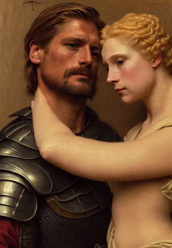 Image similar to attractive handsome fully clothed jaime lannister confesses his love for attractive fully armored brienne of tarth. two knights in love. highly detailed painting by gaston bussiere and j. c. leyendecker and william adolphe bouguereau and fra angelico and octane render, musee d'orsay 8 k