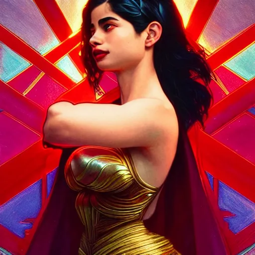 Prompt: anne curtis as darna, volumetric lights, red and cyan theme, art nouveau botanicals, intricate, highly detailed, digital painting, artstation, concept art, smooth, sharp focus, cinematic, illustration, beautiful face, art by artgerm and greg rutkowski and alphonse mucha