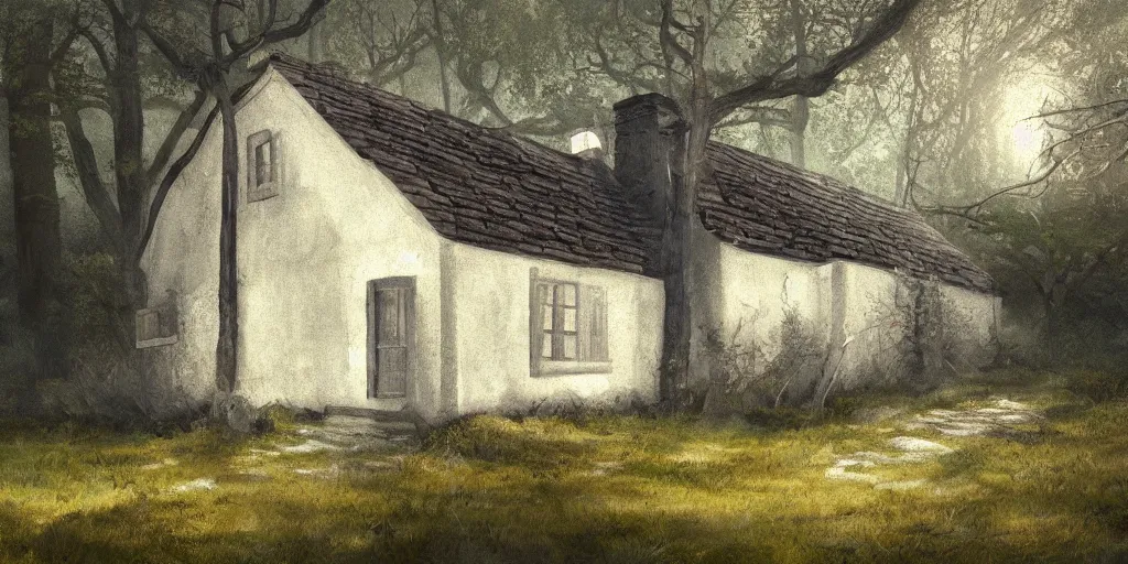 Image similar to a painting of a close up of a single cottage with a thached roof in the woods and empty woods, 8k, fantasy, hyper realistic, dramatic lighting, cinematic