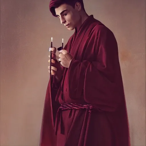 Prompt: attractive kai havertz wearing monk robes holding candlestick. natural lighting by ruan jia, portrait