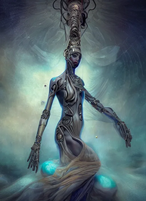 Image similar to epic portrait of menacing and anxious yet stunningly beautiful biomechanical djinn overseeing the iridescent fabric of the universe, by charlie bowater, mandy jurgens, gustav klimt, octane render, dramatic camera angle, 4k, 8k, high detail, HDR, by tom bagshaw, powerful, with inspiration from Beksinski, inspired by greek goddess Athena