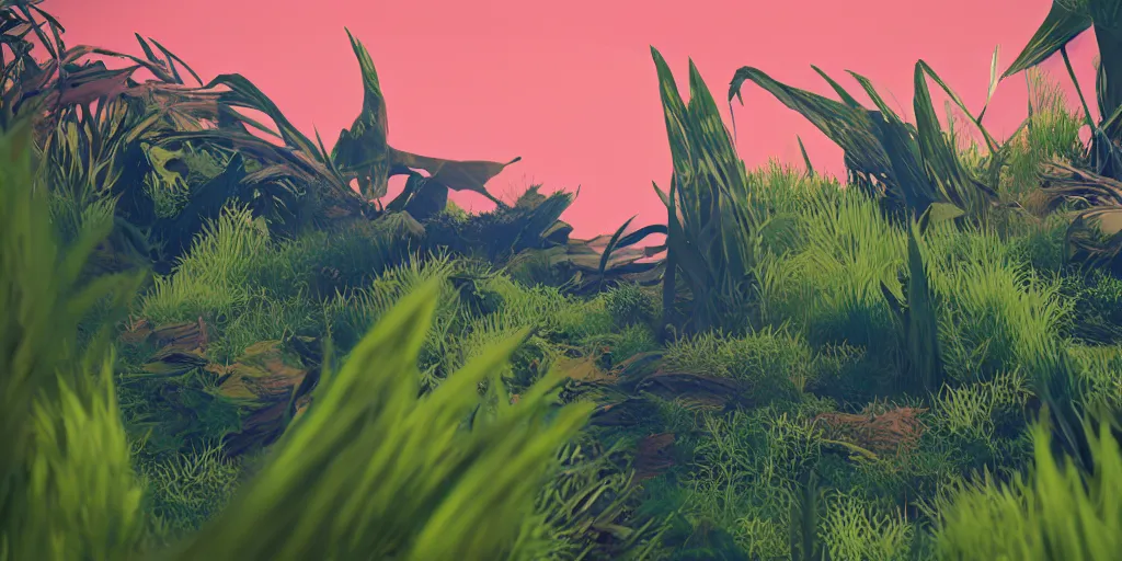 Image similar to abstract 3d landscape painting with vegetation by zaha hadid in no mans sky style, redshift, octane