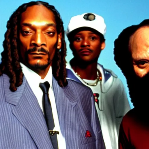 Prompt: film still of Snoop Dogg as Curly in City Slickers, standing next to Billy Crystal