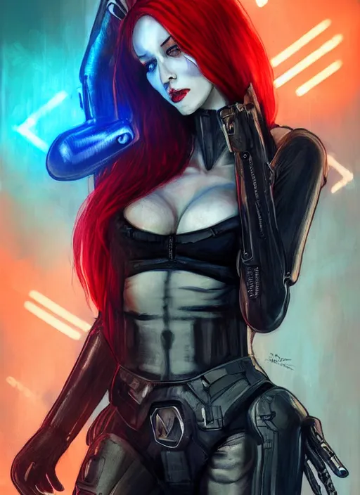 Image similar to a full body beautiful woman with red hair and blue eyes, wearing a cyberpunk outfit by hr giger, artgerm, sakimichan, weapons, electronics, high tech, cyber wear, latex dress, batwoman, bandage, concept art, fantasy, cyberpunk