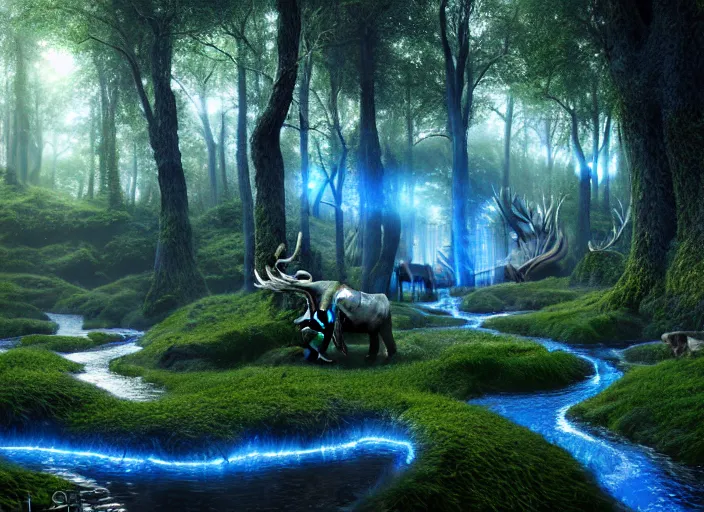 Image similar to hyperrealism, detailed textures, photorealistic, 3 d render, a surreal mystical forest with a bright blue winding creek with a herd of wooly mammoths grazing, ultra realistic cinematic, intricate, cinematic light, concept art, illustration, art station, unreal engine