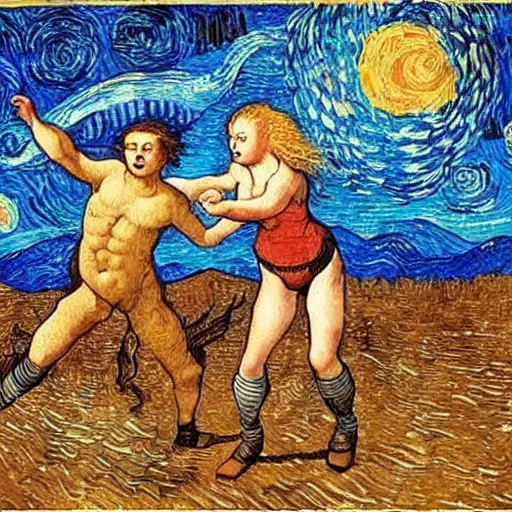 Image similar to dancing punks on the moon, illustration, leonardo da vinci, van gogh, hugo, marilyn monroe