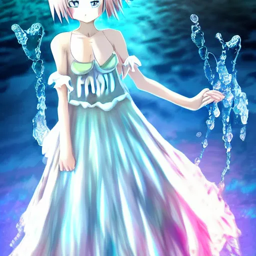 Image similar to advanced digital art a very cute anime girl wearing a dress made of water standing in a crystal lake turning into mist full body