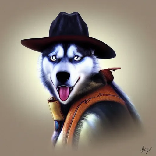 Image similar to a portrait painting of a husky in cowboy costume, wearing a cowboy hat, by studio ghibli, humanoid, personify, anthropomorphic, trending on artstation