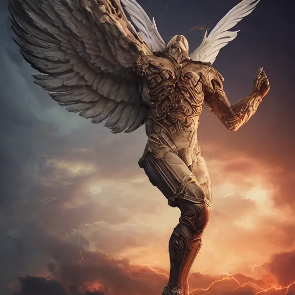 Prompt: cinematic full body shot of a male angel flying over hell, that's a beautiful stunning male angel, elegant pose, flying, detailed arms, streamlined white armor, two arms, two legs, detailed fanart, macro art, realistic digital art, DeviantArt, artstation, 3D realistic, 8k HD, octane render