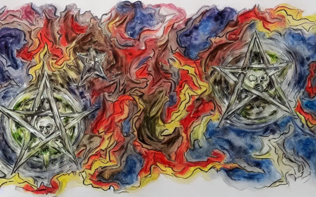 Image similar to a rough water color of the 7 layers of hell, doomsday, satan, pentagram, detailed, busy, hectic