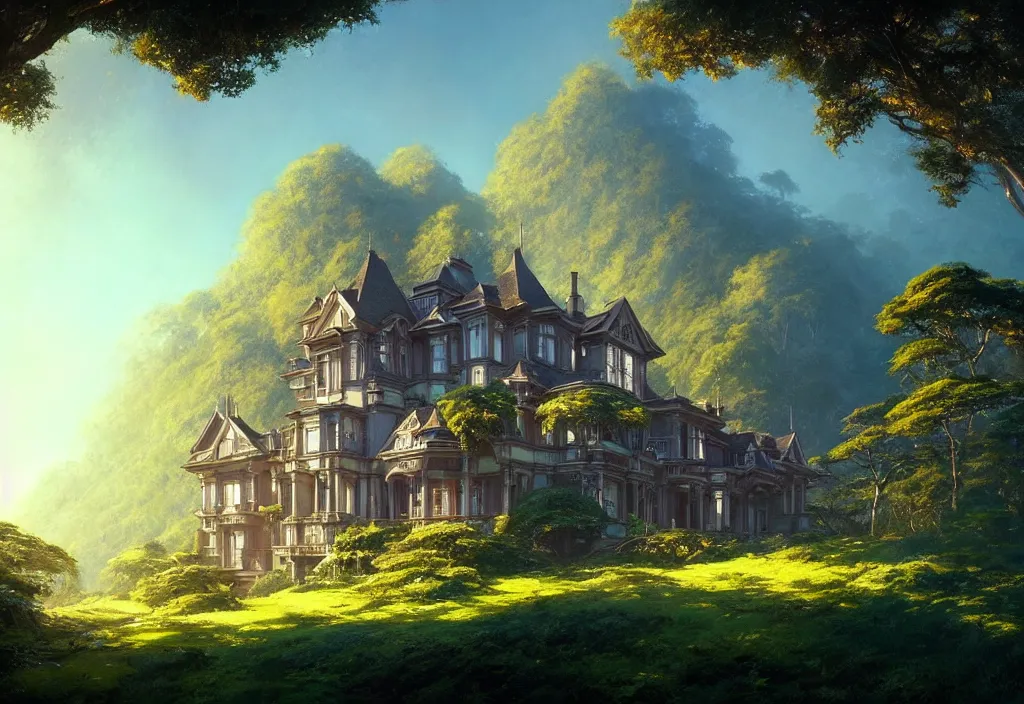 Image similar to a victorian mansion on a hillside surrounded by jungle, clear blue sky, cinematic view, concept art, high detail, well lit, volumetric, godrays, vivid, trending on artstation, by jordan grimmer, art greg rutkowski