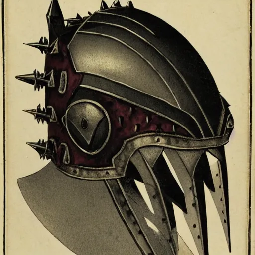 Image similar to A jagged iron helm, with leather straps and iron spikes