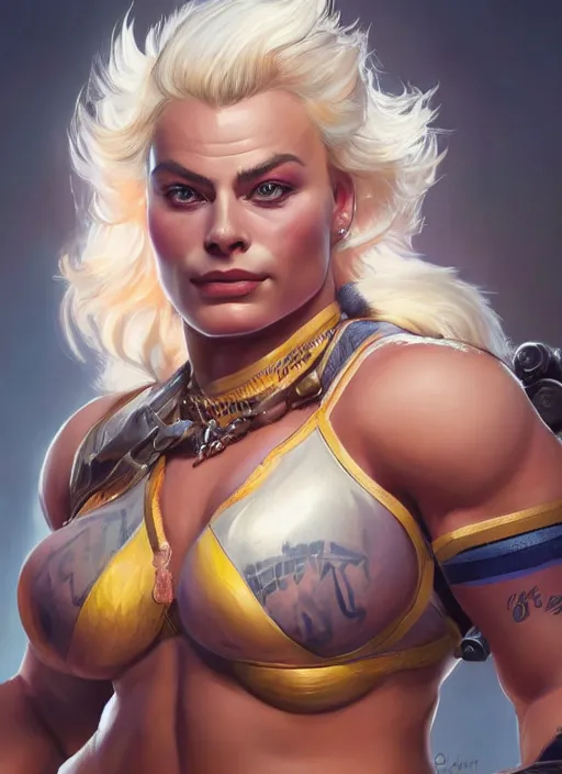 Image similar to detailed portrait of margot robbie as a thick female bodybuilder champion zarya from overwatch, attractive, beautiful, fantasy, intricate, elegant, highly detailed, digital painting, artstation, concept art, matte, sharp focus, illustration, art by aenaluck, artgerm and roberto ferri and greg rutkowski, epic fantasy, digital painting