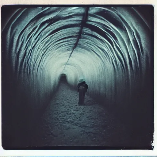 Prompt: a dark and narrow ice tunnel, dark, creepy, eerie, unsettling, terrifying, old polaroid, expired film, deep,