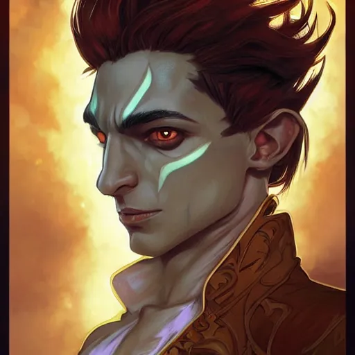 Prompt: dnd character portrait of a tanned half - elf with messy short red hair and yellow eyes with slit pupils, beautiful and androgynous with dark skin, feral, glowing aura, golden hour, wearing a stylish men's suit, by ross tran and gerald brom and alphonse mucha, trending on artstation