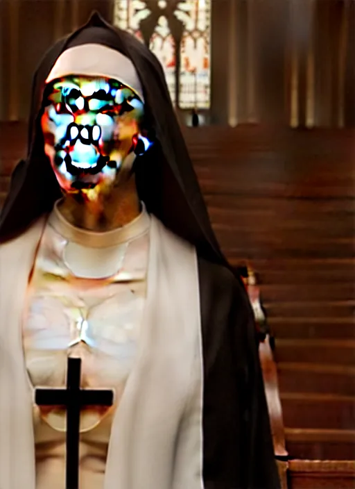 Image similar to a film still of kim kardashian as a nun with her bust slightly exposed. backround : church interior
