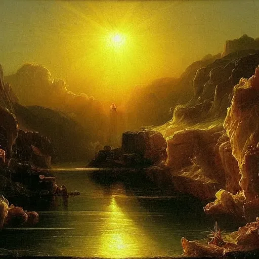 Image similar to The sun is a metaphor for hope. No matter how dark things may seem, there is always light. An oil painting by Thomas Cole