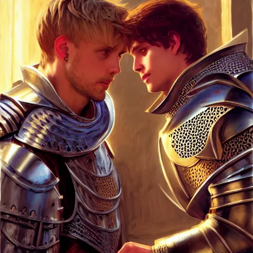 Image similar to attractive arthur pendragon and his favourite attractive male knight, they are in love, camelot, natural lighting, path traced, highly detailed, high quality, digital painting, by gaston bussiere and ross tran and j. c. leyendecker