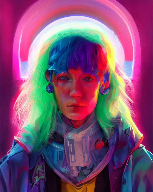 Image similar to colorful character portrait of a non - binary hippie, set in the future 2 1 5 0 | highly detailed face | very intricate | symmetrical | cinematic lighting | award - winning | painted by mandy jurgens | pan futurism, dystopian, bold colors, cyberpunk, groovy vibe, anime aesthestic | featured on artstation