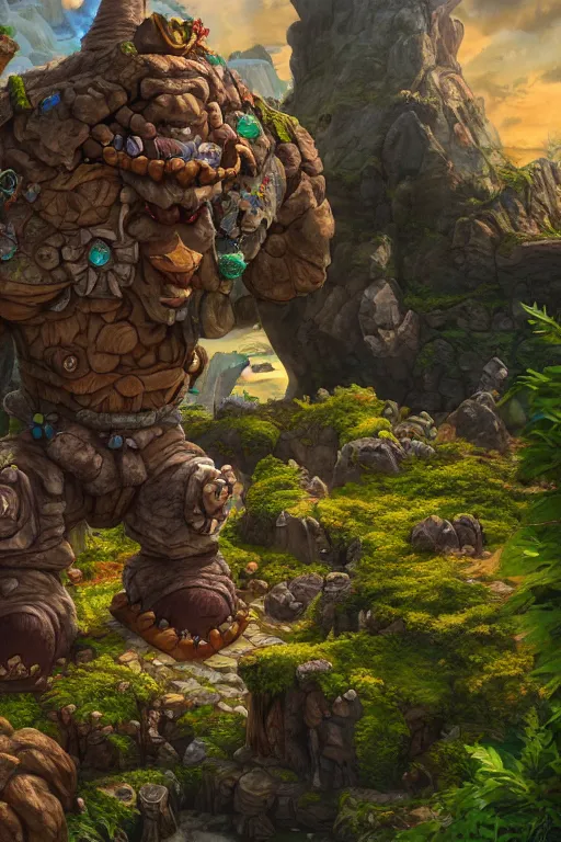 Image similar to zelda fantasy art giant golem troll wood rock greeble gemstone, global illumination ray tracing hdr fanart arstation by sung choi and eric pfeiffer and gabriel garza and casper konefal