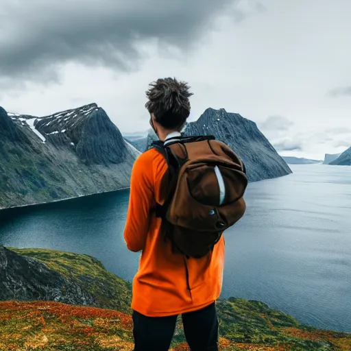 Prompt: a young man with long brown looking at fjords, hiking clothes, tank top, backpack, norway, fjords in background, cinematic, beautiful, stunning, day time, epic