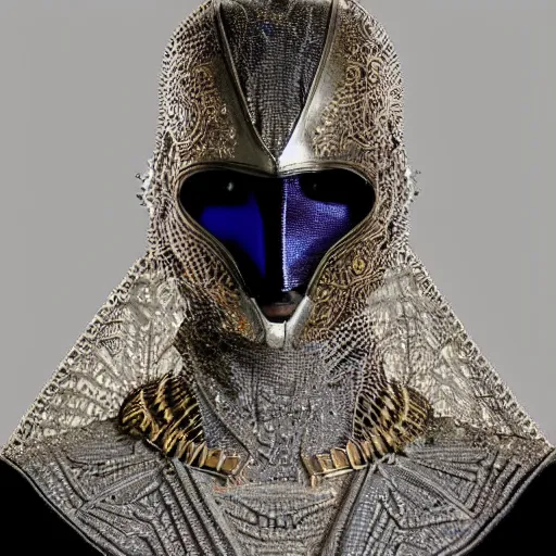 Image similar to close up portrait of the mysterious masked cyborg, vogue poses, beautiful futuristic ornamental cape, intricate, highly detailed, in the style of moebius